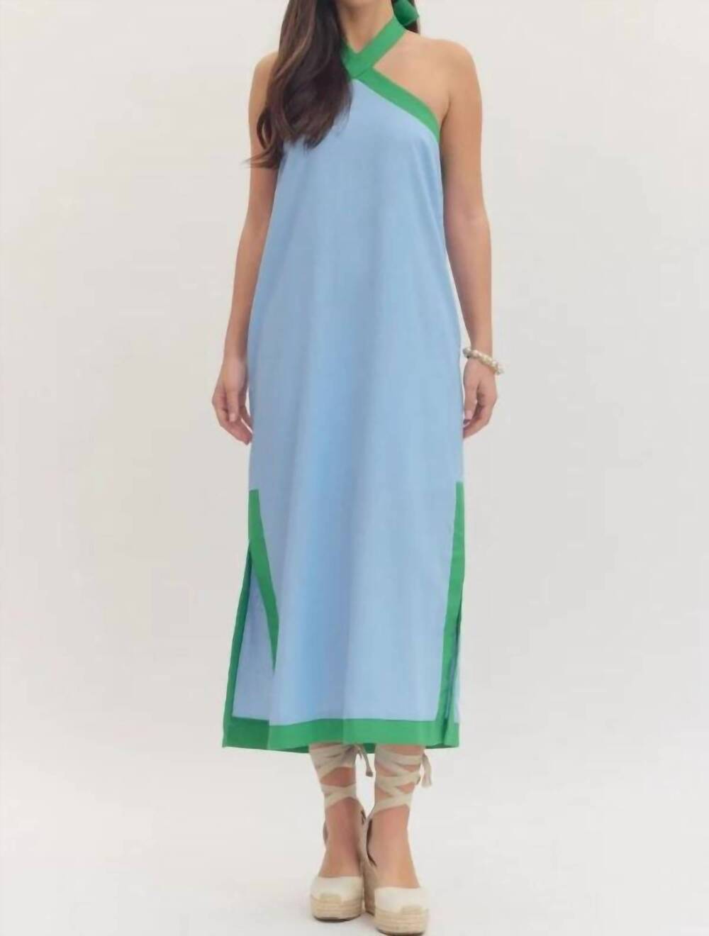 NEW ENTRO criss cross halter midi dress in blue multi